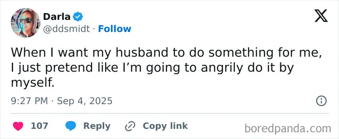 Witty marriage tweets about a wife pretending to do tasks angrily to get her husband to help.