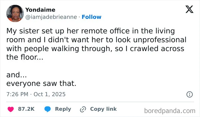 An entertaining work tweet describing a funny remote work video call fail