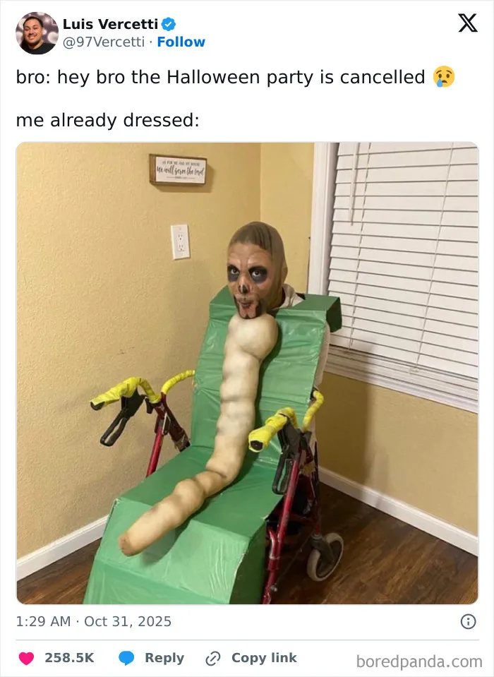 Funny Halloween posts meme showing a person in a worm costume seated in a wheelchair.