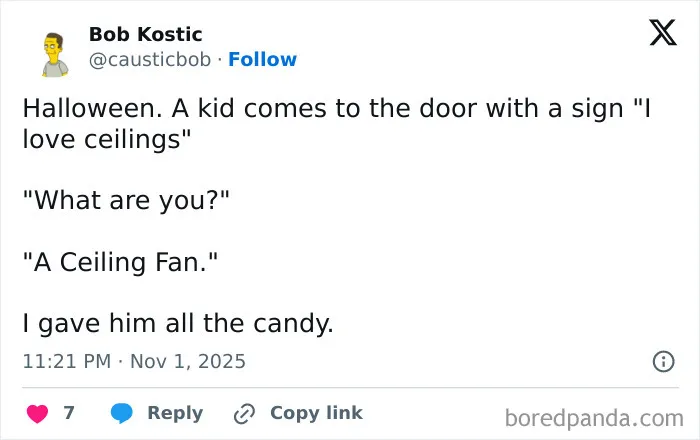 Funny Halloween tweet about a kid wearing a ceiling fan costume for trick-or-treating