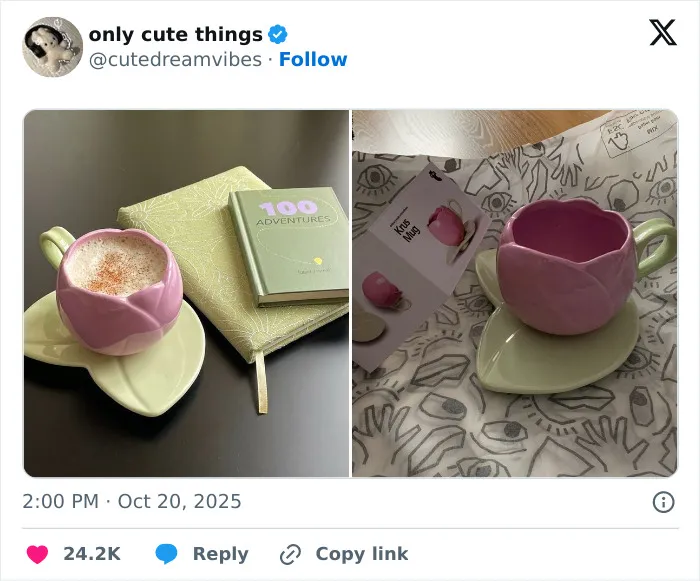 Pink flower-shaped mug with saucer and a book titled 100 Adventures adorable posts