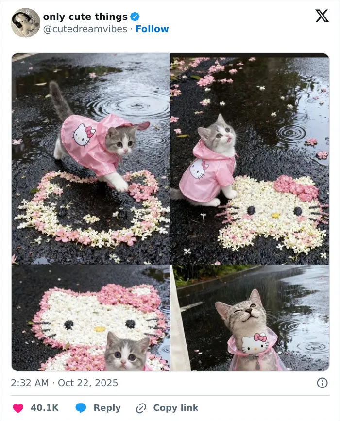 Kitten wearing Hello Kitty raincoat next to flower arrangement in puddle adorable posts