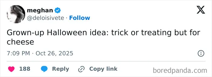A post by meghan proposing a grown-up Halloween trick-or-treating idea involving cheese for spooky season.