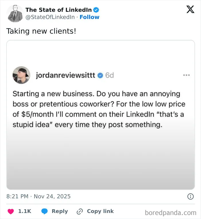 Tweet offering to comment 'that's a stupid idea' on LinkedIn posts as a new business service