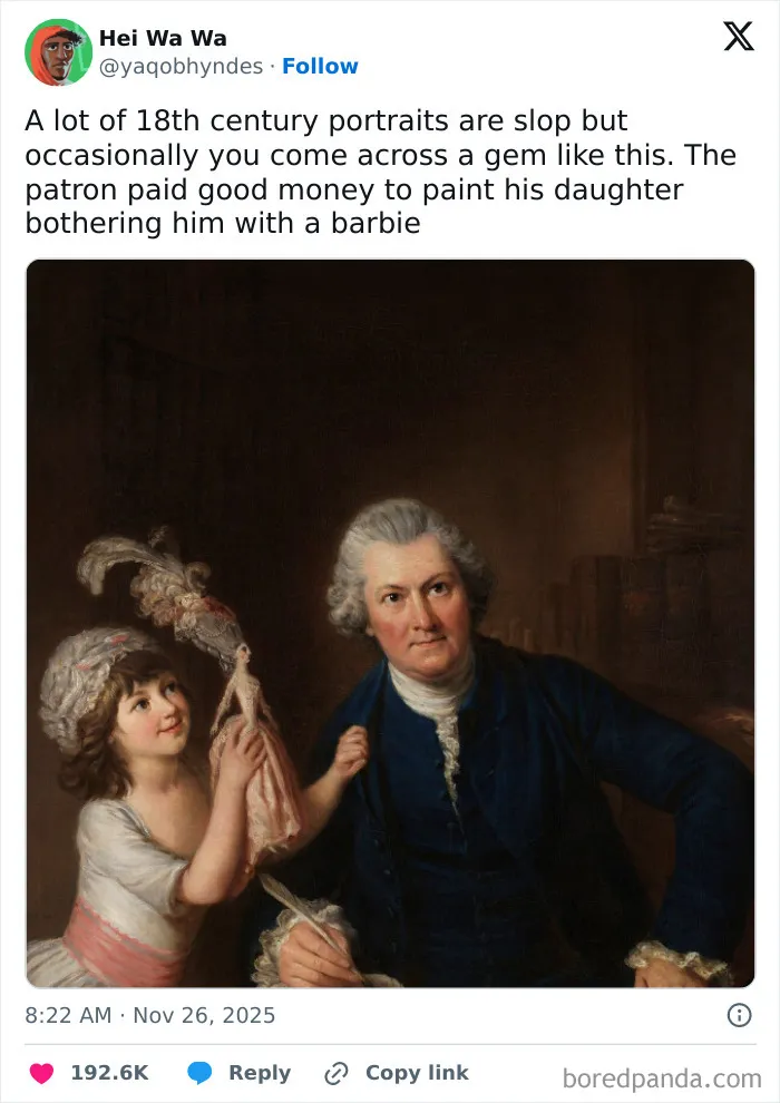 Wholesome memes classic painting showing a father painted with his daughter bothering him with a doll