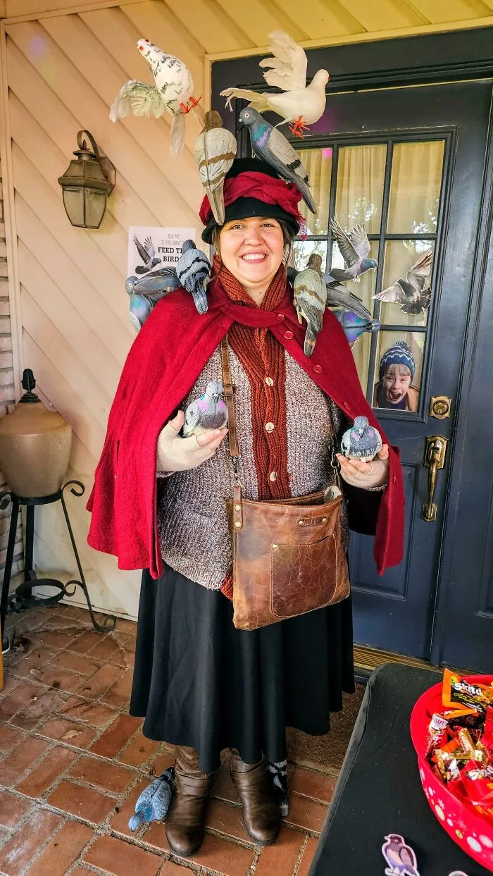 Woman dressed as the pigeon lady from Home Alone 2 as a creative Halloween costume idea.