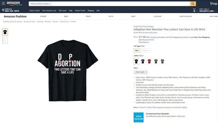 Absurd product listing on Amazon for a t-shirt with a bizarre misspelled message.