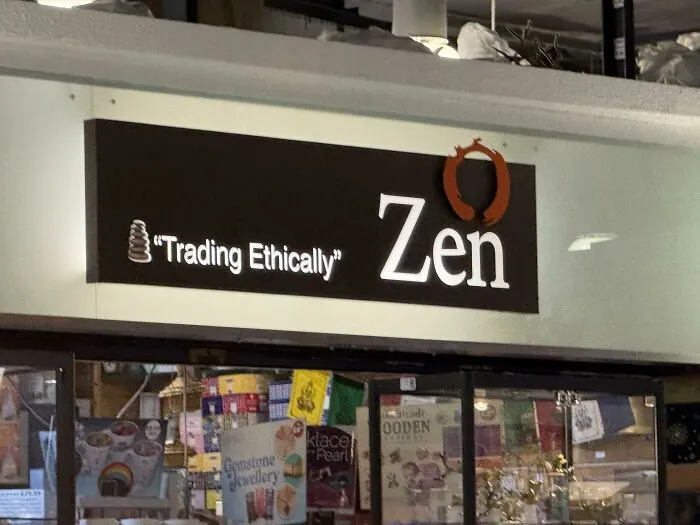 Zen shop sign showing misused quotation marks around the phrase Trading Ethically