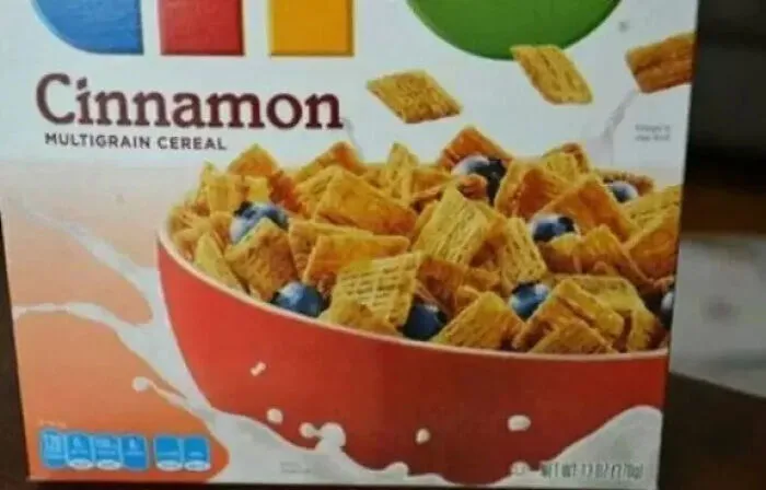 A box of cinnamon cereal with a bowl picture, showcasing poor packaging design and advertising fails.