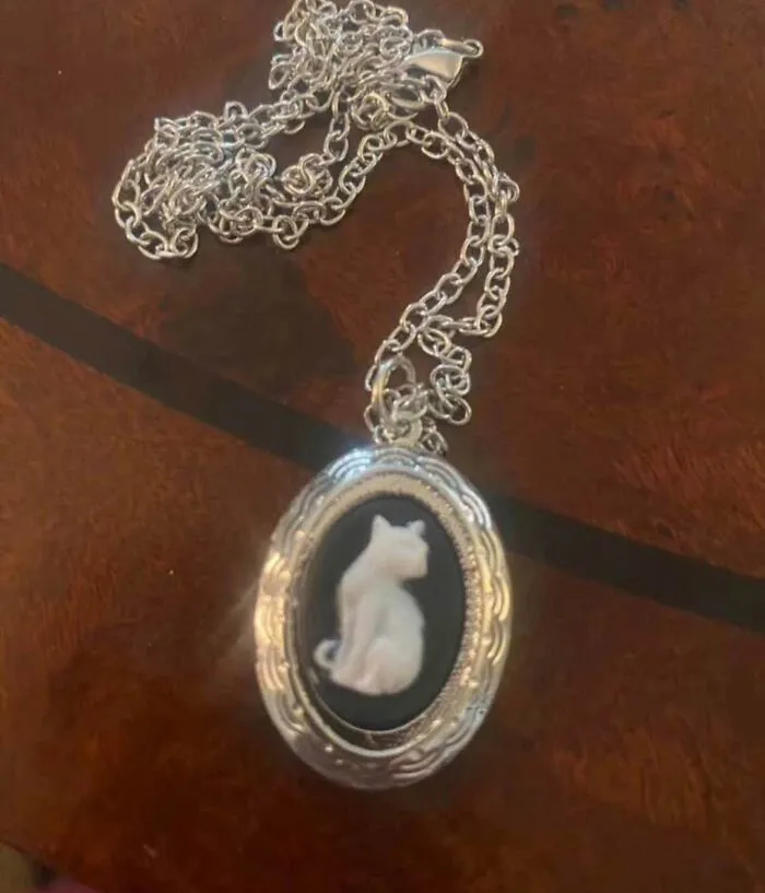 Vintage cat cameo necklace pendant on silver chain