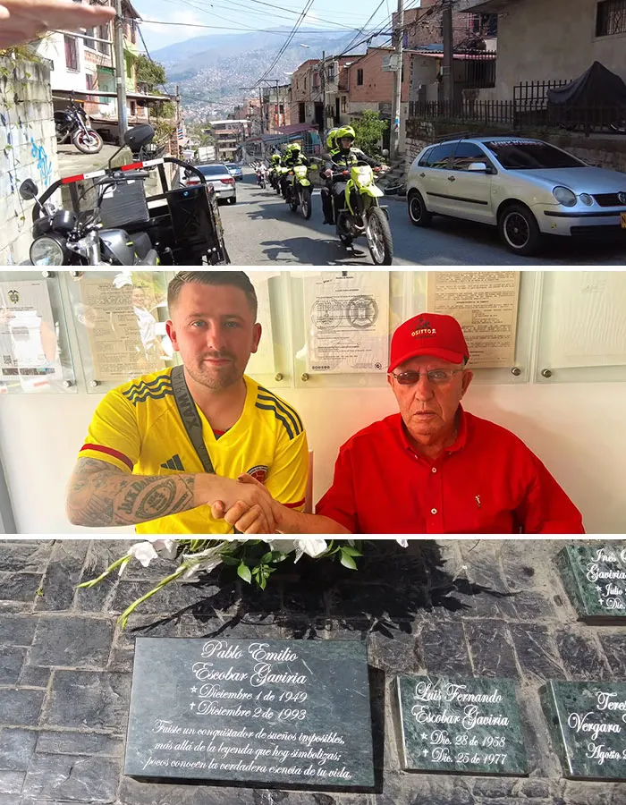 Police motorcycles patrolling dark tourism area in urban neighborhood with steep hills