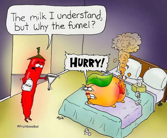 Naughty comics featuring a chili pepper and a burning peach in bed.