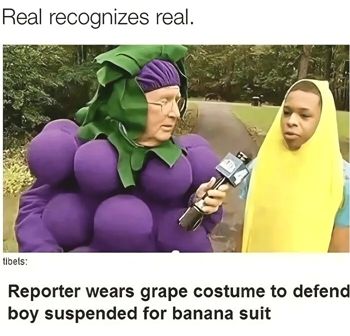 Reporter in a grape costume interviewing a boy in a banana suit for hilarious news headlines.