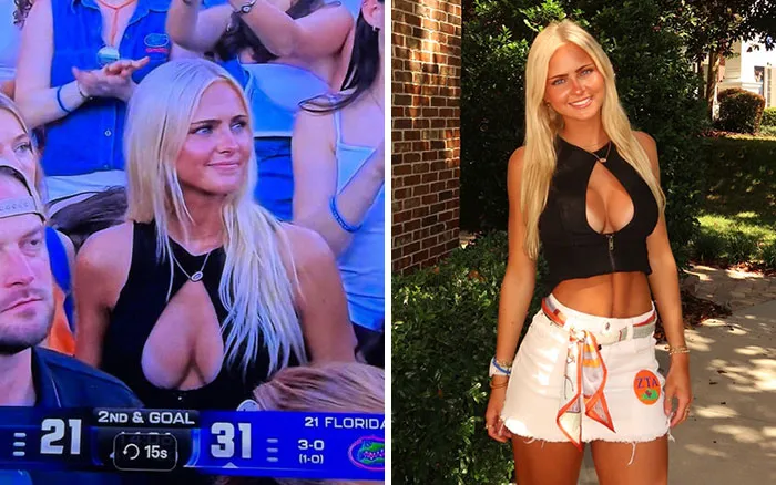 Female college football fan in stands smiling during game with Florida Gators score