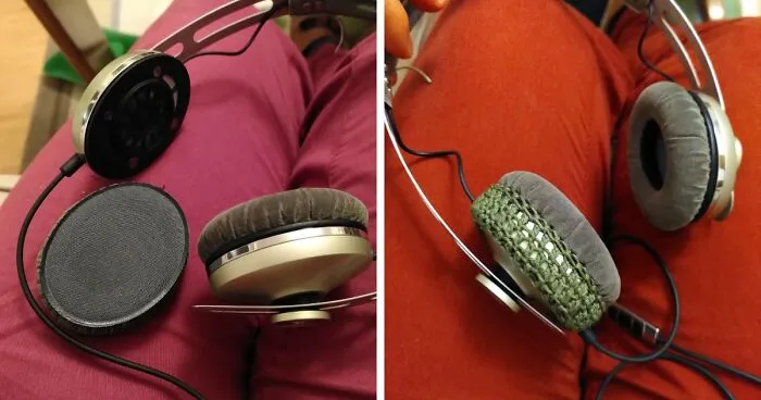 Before and after repair of headphones using crocheted yarn, displaying creativity that saves money.