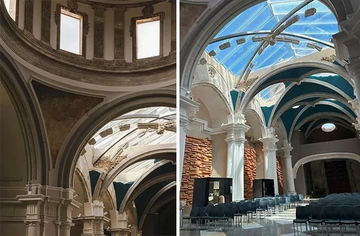 Interior view of a restored church building showcasing architectural masterpieces with glass skylights and stone arches