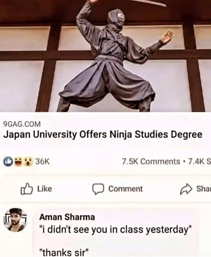 Hilarious memes showing a ninja costume and funny comment about a ninja degree