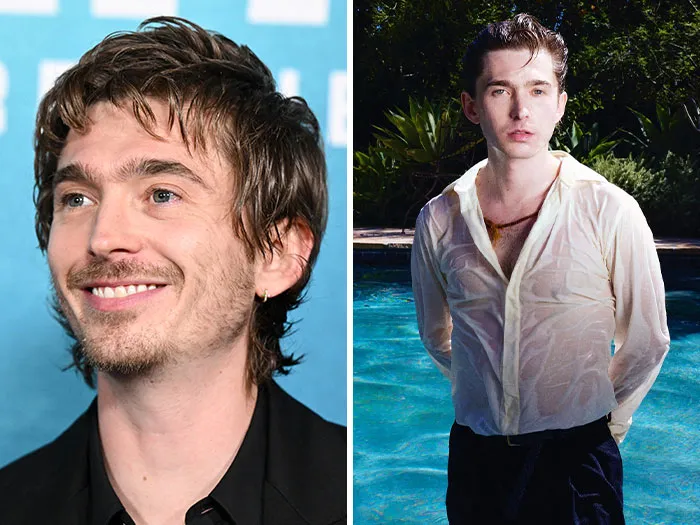 Side-by-side photo of actor Drew Starkey as a potential Hollywood Hunks contender.