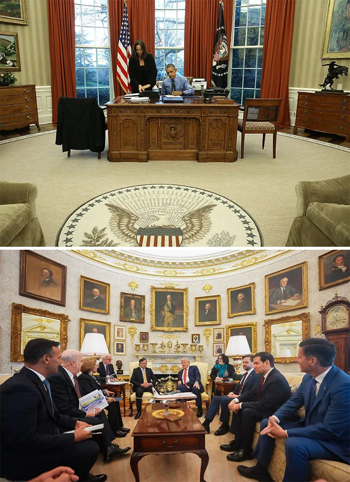 Side-by-side photos comparing Obama's Oval Office decor with Trump's gold-accented wall of framed portraits.