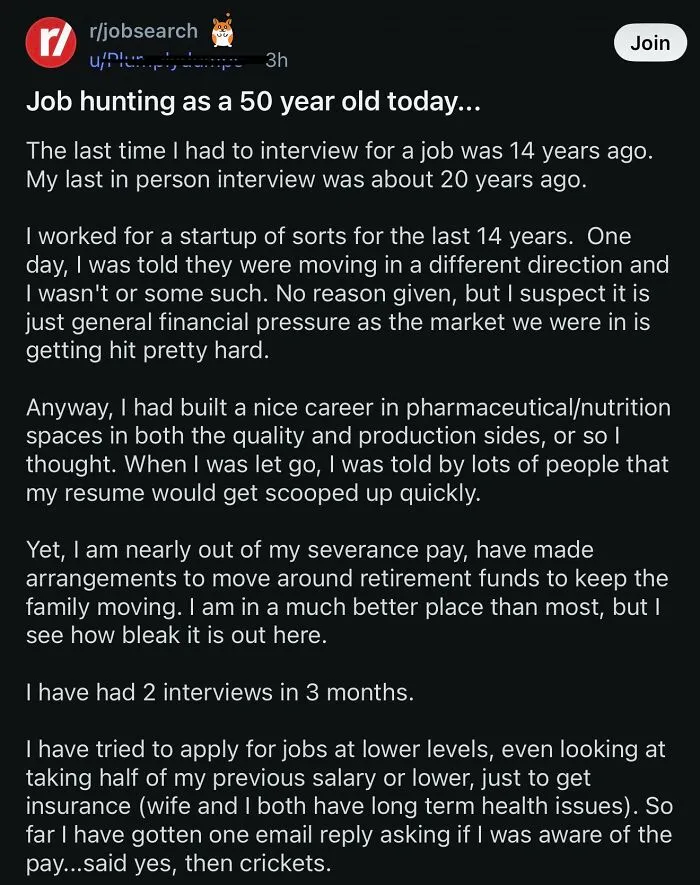 Reddit post about job hunting challenges at 50 and financial pressure