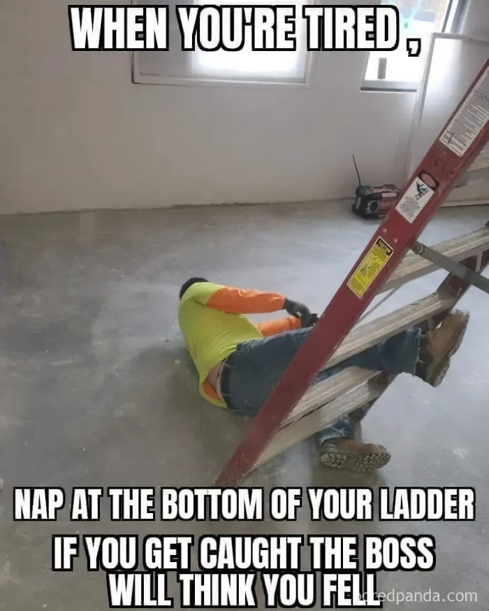 A construction worker lying on the floor under a ladder, as part of funny cringe construction fails memes.
