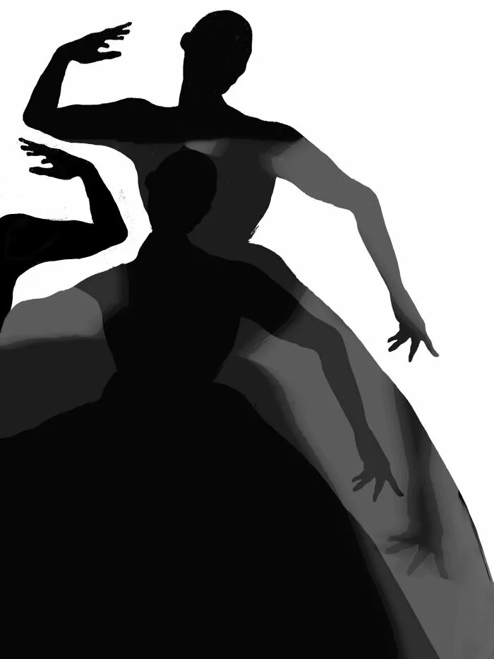 Artistic black-and-white photos capturing layered silhouettes and shadows of dancers posing gracefully.