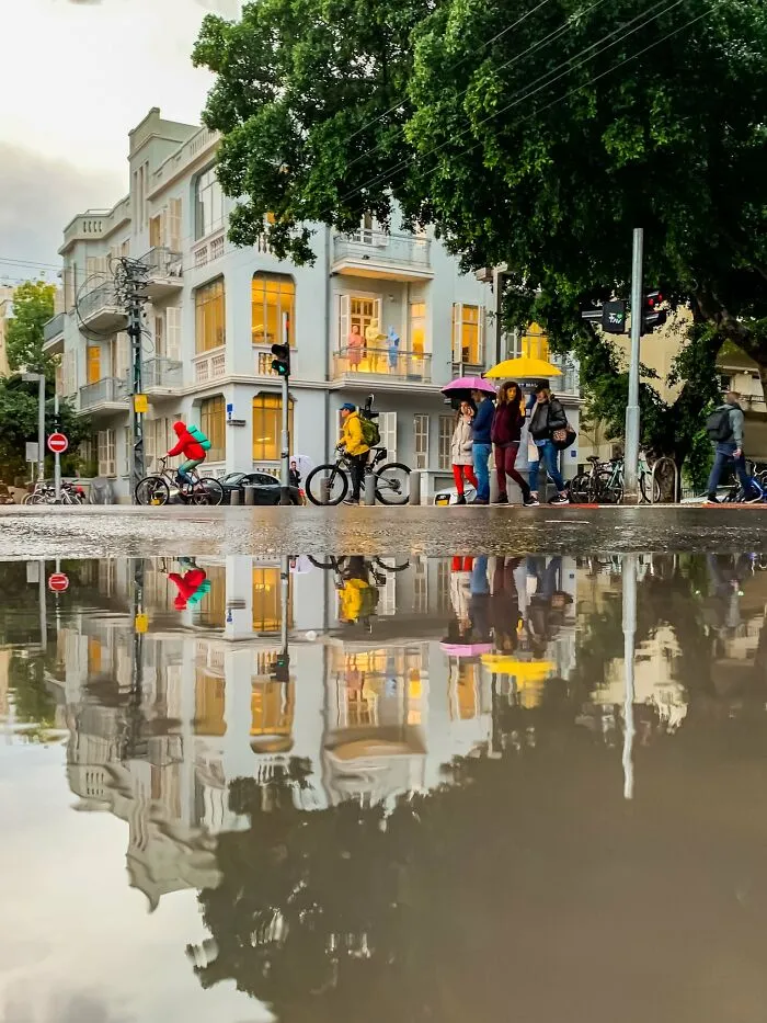 City street scene with reflections in puddle captured with iPhone photography