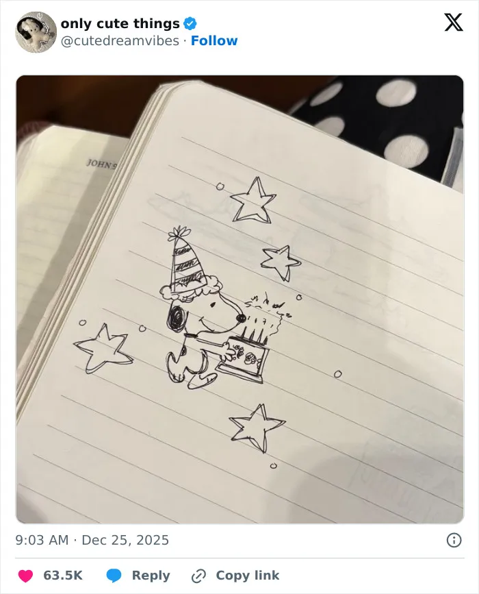 Hand-drawn Snoopy birthday cake doodle with stars, cute little things
