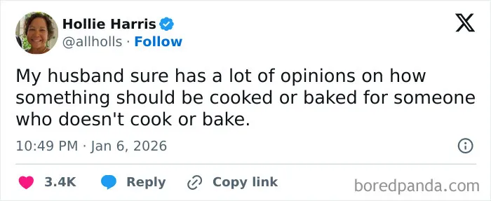 A funny marriage tweet by Hollie Harris about a husband giving cooking advice despite not cooking.