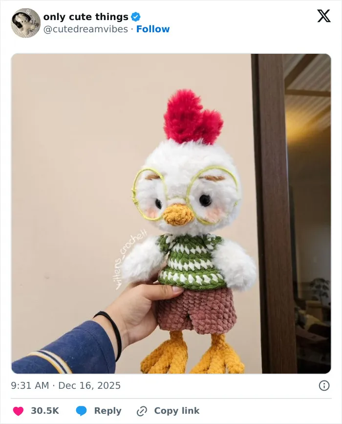 Hand holding a crocheted chicken doll with glasses and knitted clothes