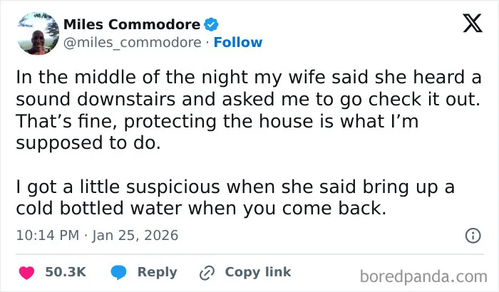Relatable marriage tweets about a wife tricking her husband into getting cold water.