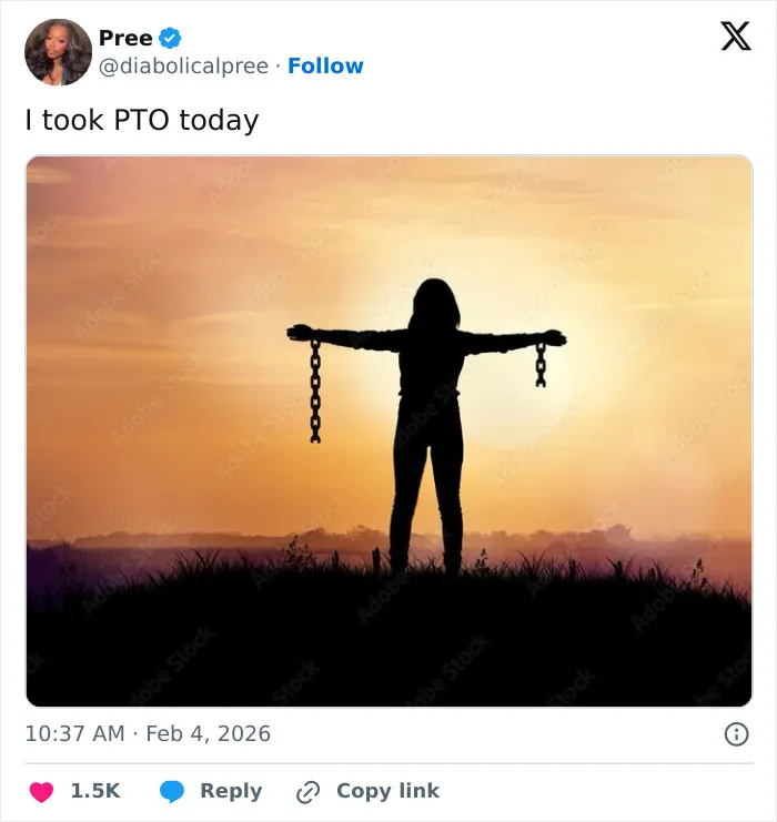 Relatable work tweet about taking a PTO day featuring a silhouette breaking free from chains.