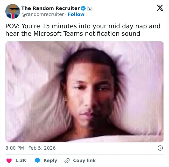 Relatable work tweets featuring a man lying in bed awakened by a notification sound.