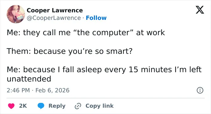 Funny work tweets joking about falling asleep at the computer like a computer on standby.