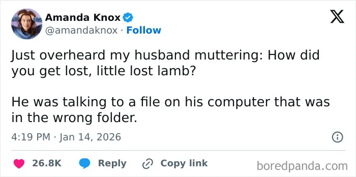 Relatable marriage tweet by Amanda Knox describing a husband talking affectionately to a lost computer file.
