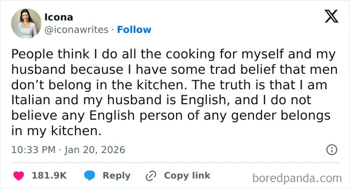 Marriage tweets humor showcasing an Italian wife explaining why her English husband stays out of the kitchen