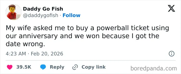 Witty post from marriage tweets about winning the powerball by using the wrong anniversary date.