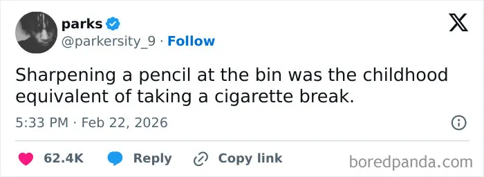 A tweet comparing sharpening a pencil to a cigarette break, representing wholesome memes.