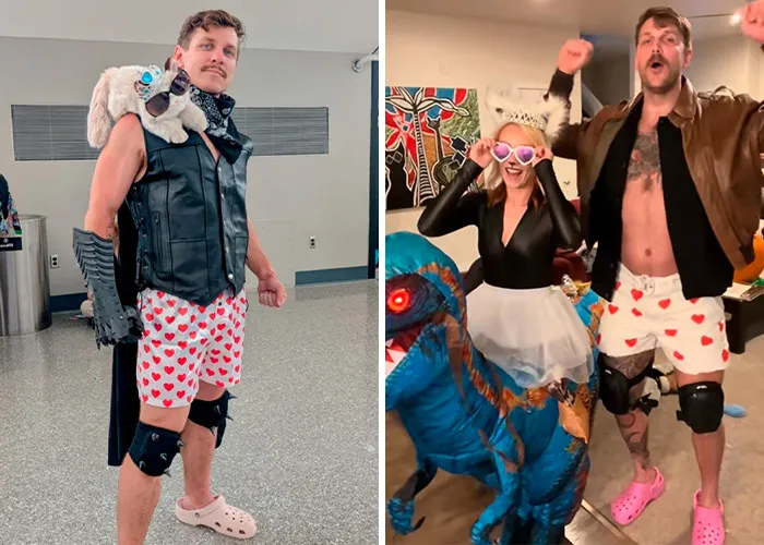 Man in heart-patterned shorts and leather vest Halloween costume