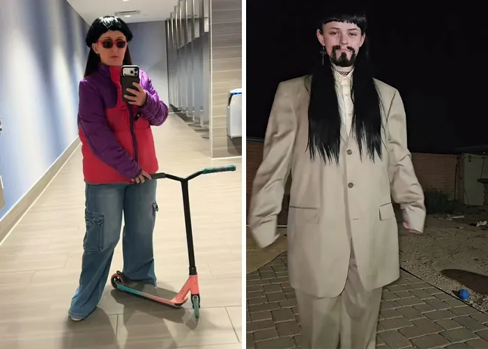 Halloween costume trend featuring a person with scooter and retro outfit indoors