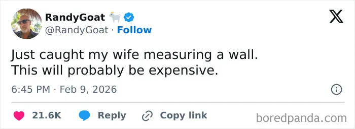 Amusing post from marriage tweets about catching a wife measuring a wall for home changes.