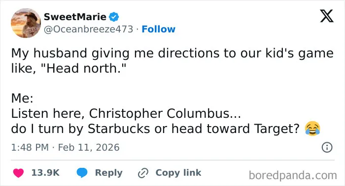 Humorous marriage tweets about giving driving directions using landmarks instead of cardinal directions.