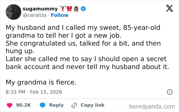 Funny marriage tweets about a grandma advising a grandaughter to open a secret bank account.