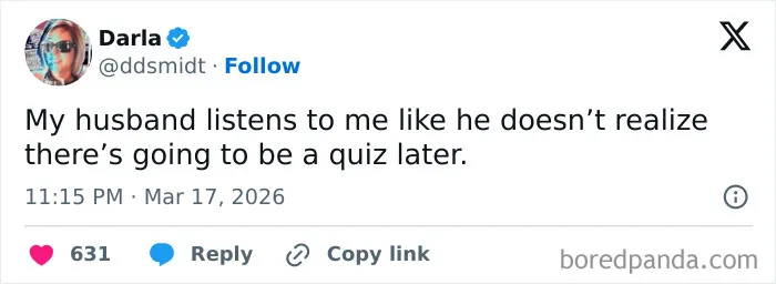 Funny marriage tweets about a wife joking that her husband listens like there is a quiz later.