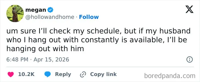 Funny post about preferring to hang out with spouse, from viral marriage tweets
