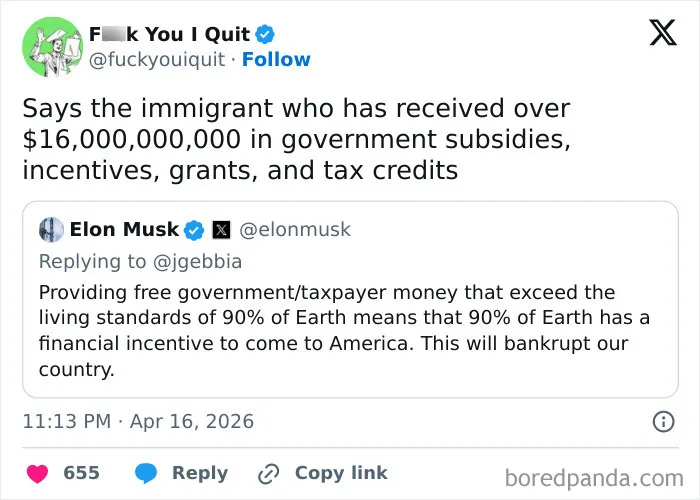 Tweet criticizing government subsidies related to immigrant financial incentives