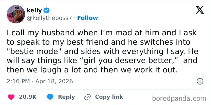 Funny marriage tweets about a husband switching to bestie mode when his wife calls him mad
