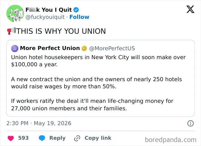 Tweet about union hotel housekeepers negotiating wage increases