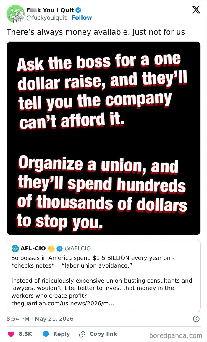 Text post on union busting costs versus denial of small wage raises in America