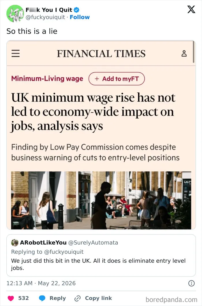 Financial Times article stating UK minimum wage rise had no economy-wide job impact